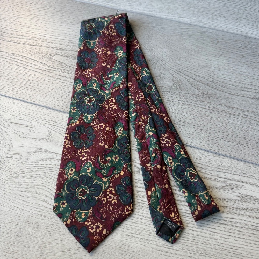 Villa Bugatti Floral Tie Silk Made in USA | Green Maroon | 4"W 58"L